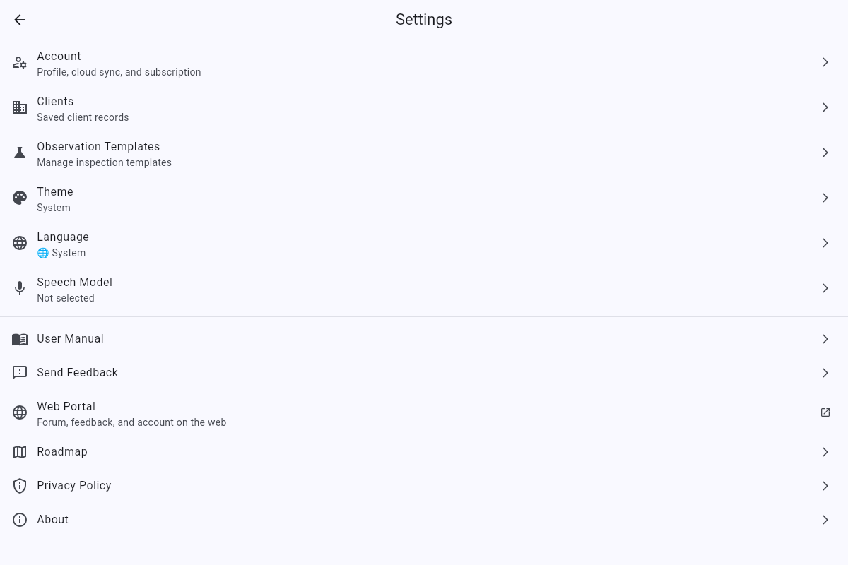 Settings screen showing rows for Account, Clients, Observation Templates, Theme, Language, and others.