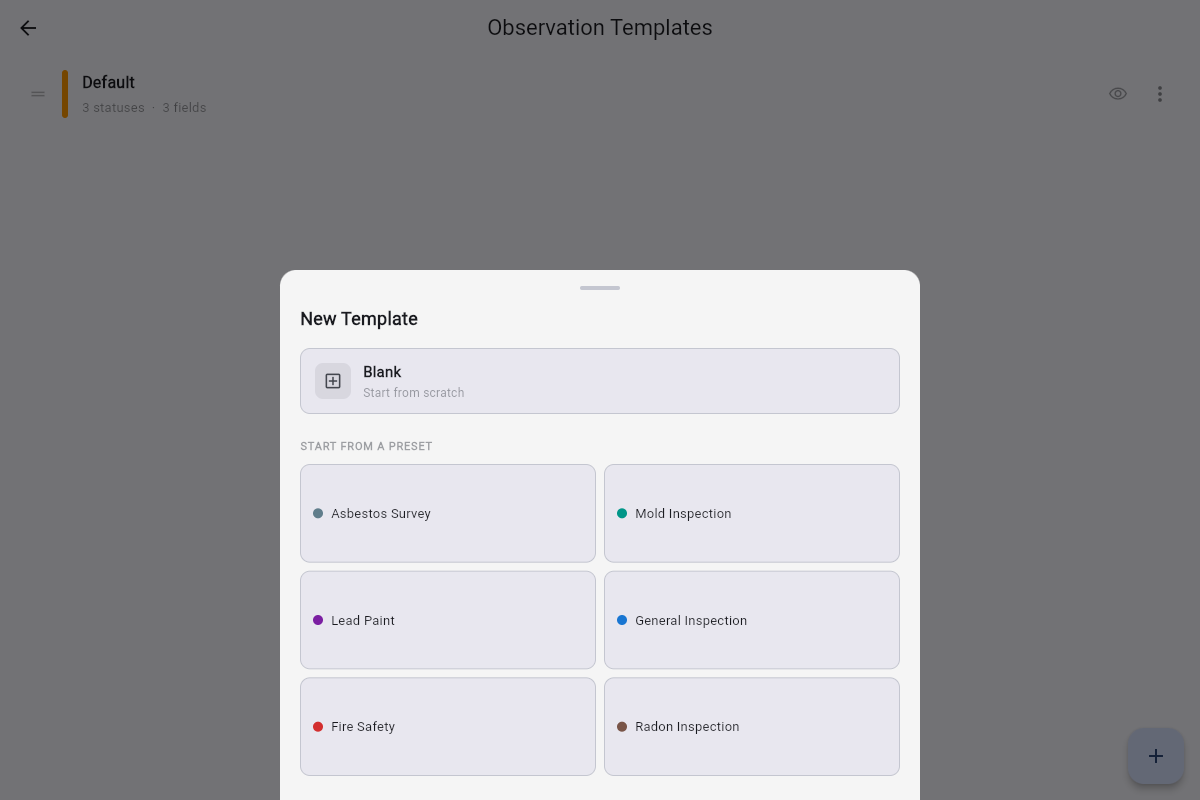 New Template sheet with Blank option and six presets: Asbestos Survey, Mold Inspection, Lead Paint, General Inspection, Fire Safety, Radon Inspection.