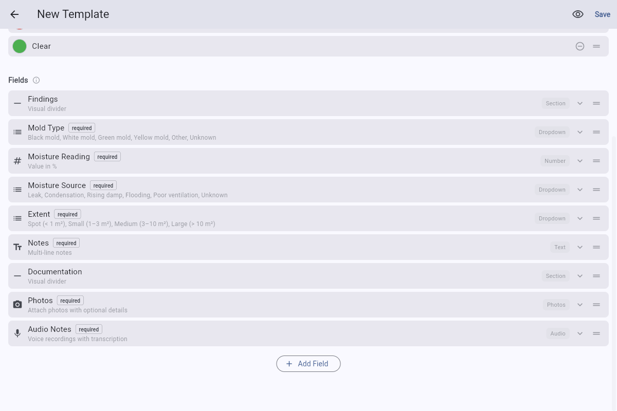Template editor scrolled down to show Photos and Audio Notes fields with a required badge.