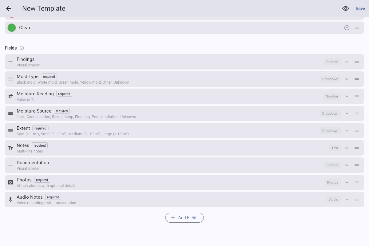 Template editor with a Save button visible in the top-right of the screen, next to a preview eye icon.