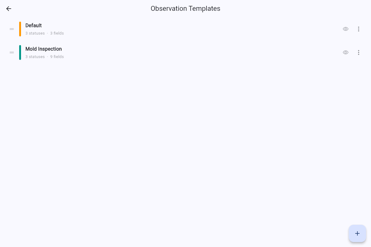 Observation Templates list showing Default and the new Mold Inspection (3 statuses, 9 fields) with a teal accent.