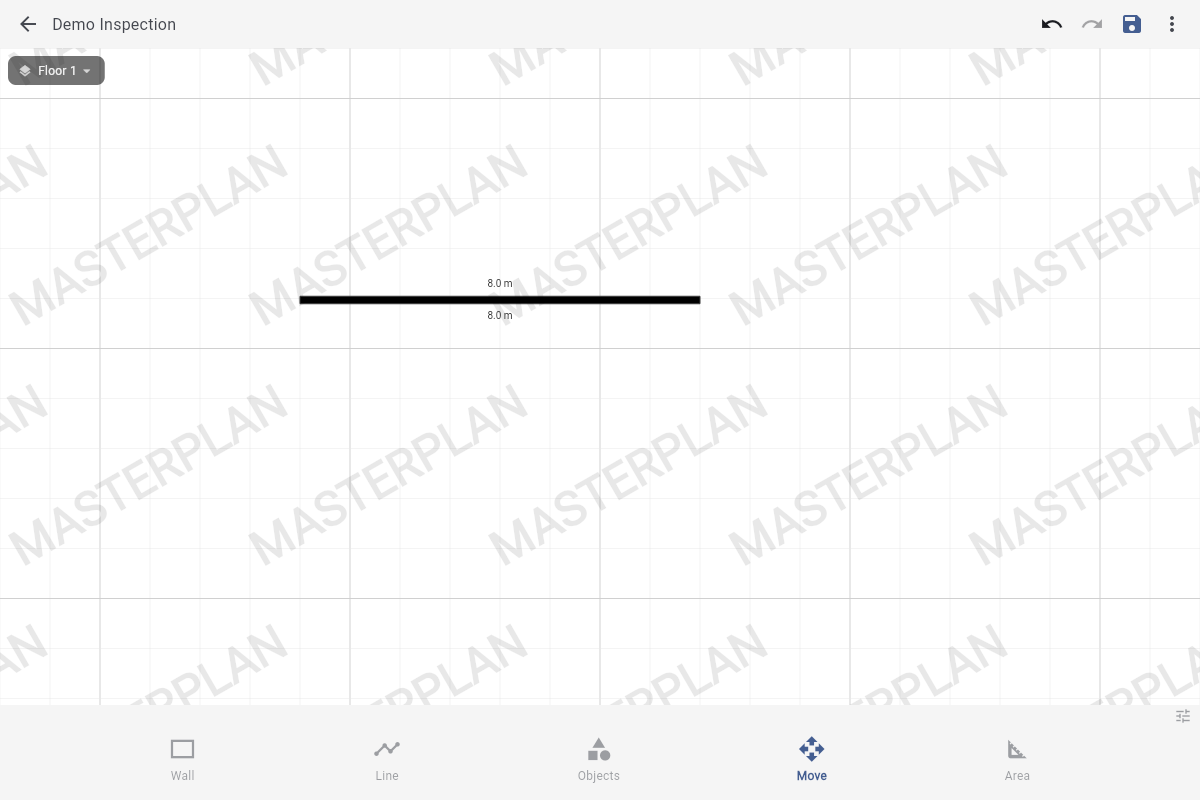 Canvas with one 8 metre wall drawn at the centre, bottom toolbar with Wall, Line, Objects, Move, and Area tabs.