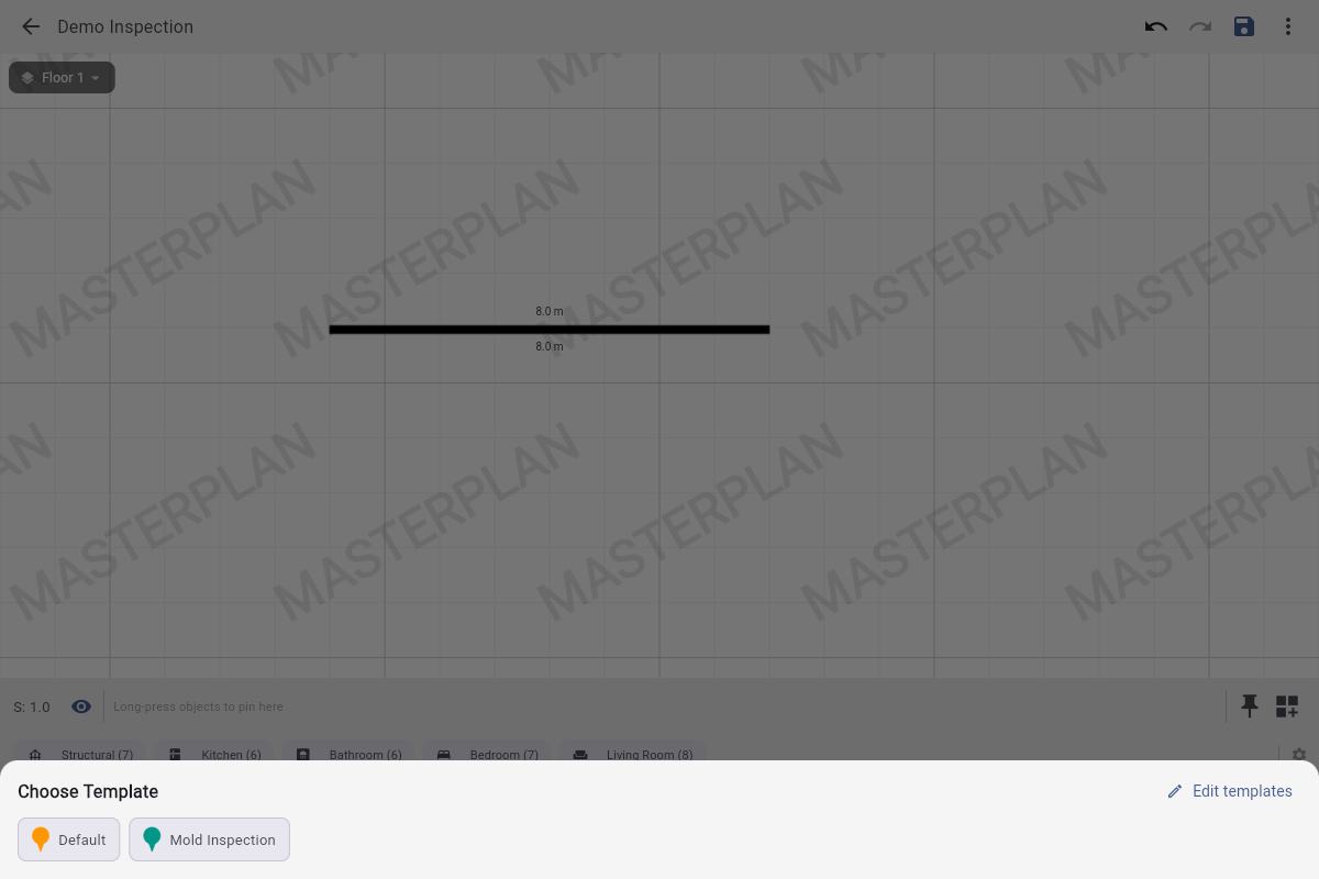 Choose Template bottom sheet with two chips: Default (orange) and Mold Inspection (teal), plus an Edit templates link.