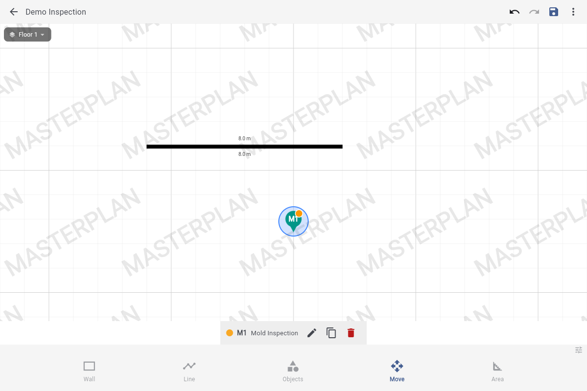 Canvas with a teal Mold Inspection pin labelled M1 at the centre. Bottom toolbar shows pencil, duplicate and delete icons.