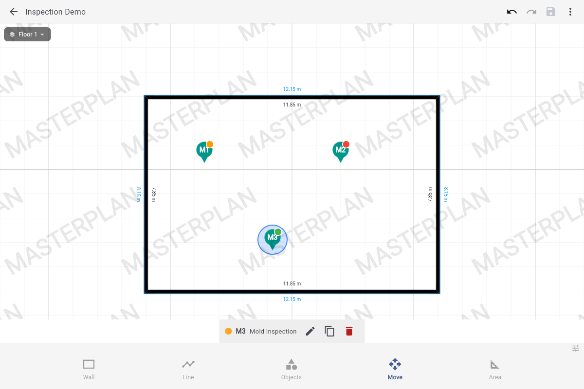 A floor plan with three Mold pins: M1 with an orange Suspected status dot, M2 with a red Confirmed dot, M3 with a green Clear dot.