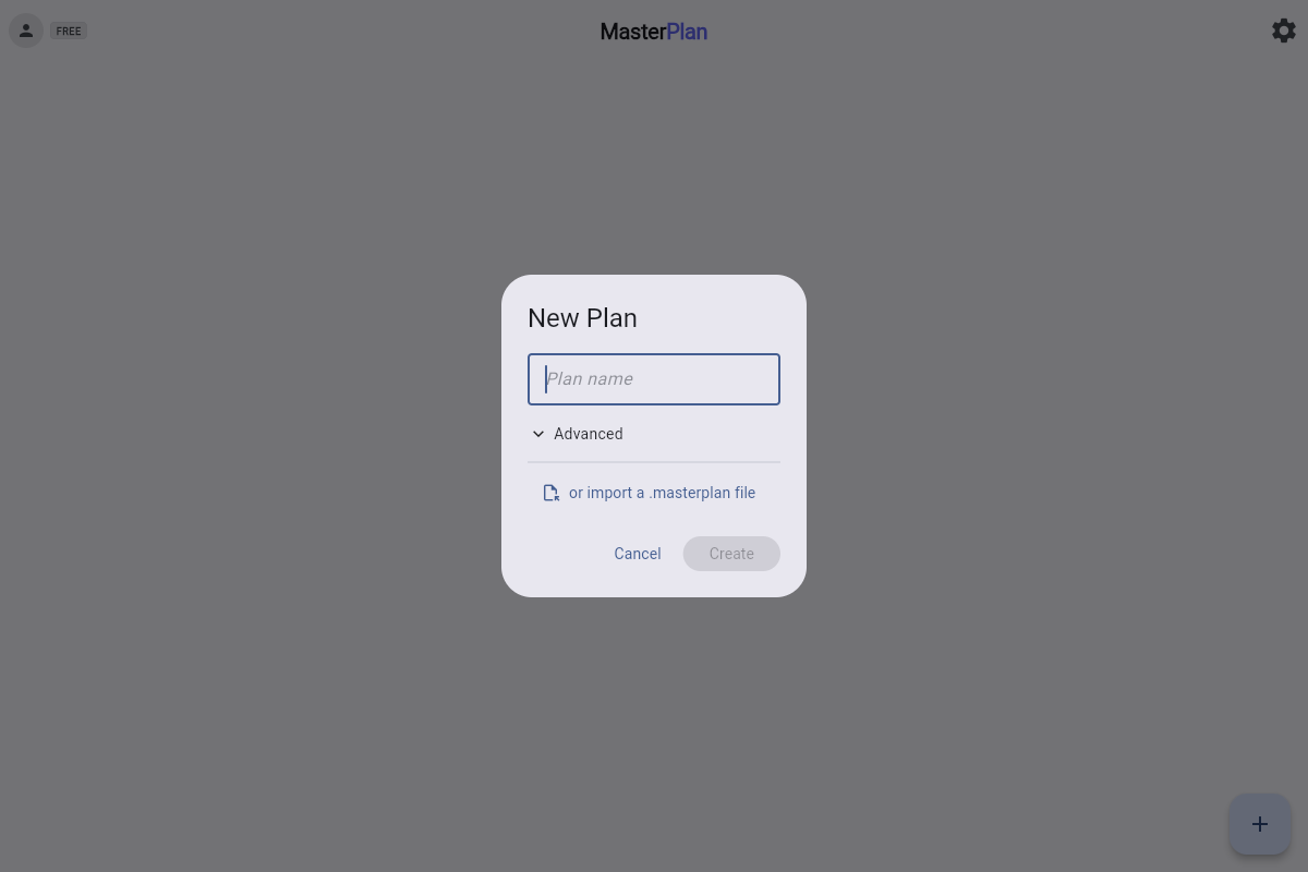 New Plan dialog with a Plan name input field and Cancel and Create buttons at the bottom-right.