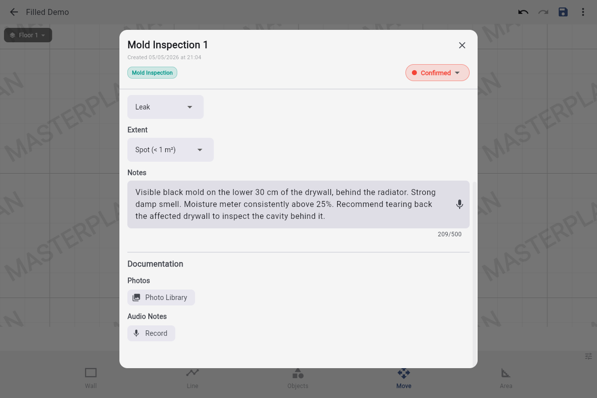 Bottom of the same sheet. Notes textarea visible, Documentation section header, Photos and Audio Notes ready to attach.