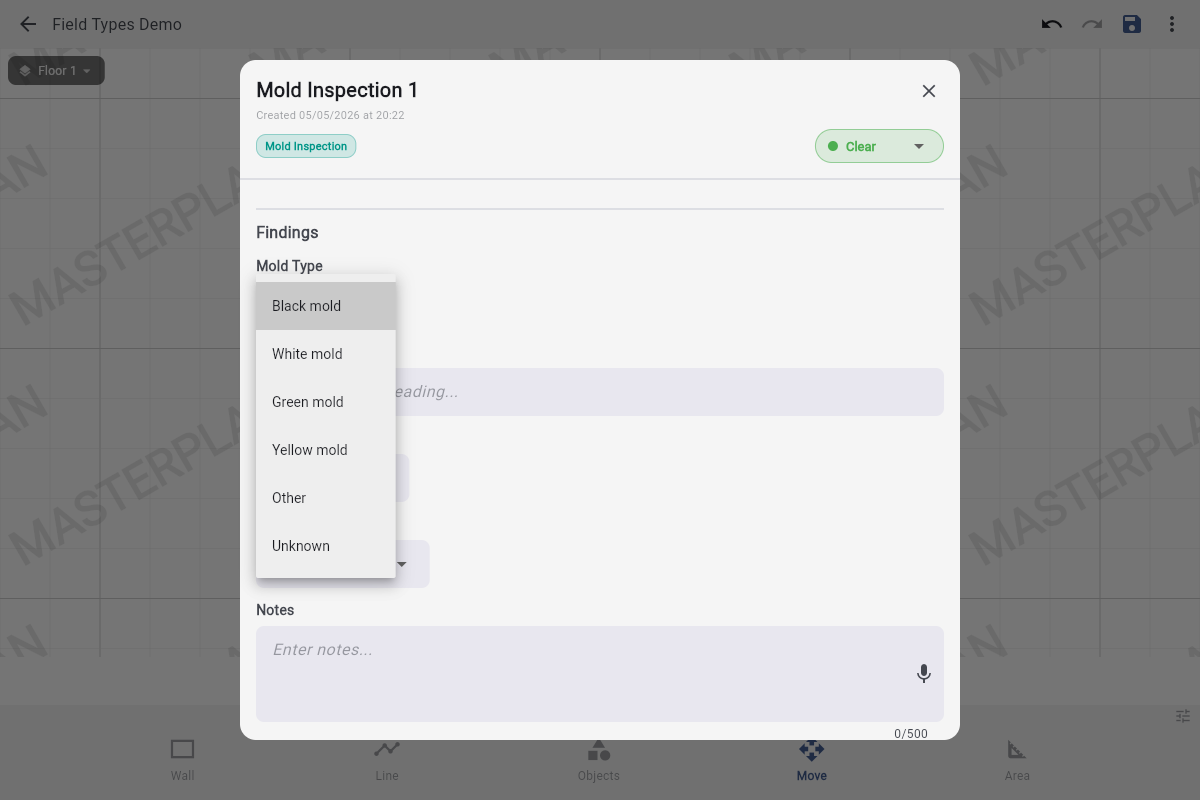 Mold Type dropdown opened, showing Black mold, White mold, Green mold, Yellow mold, Other, Unknown.