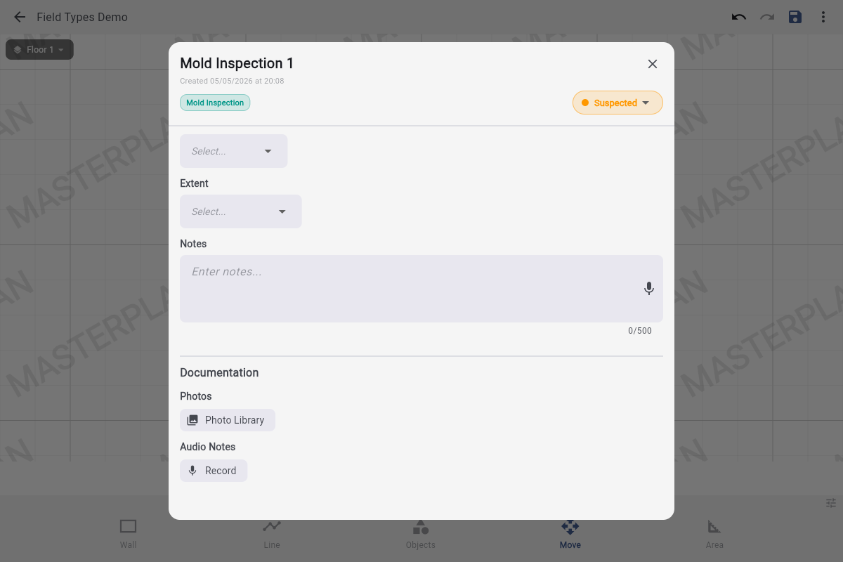 Sample sheet bottom: end of Notes, Documentation section, Photos field with Photo Library button, Audio Notes field with Record button.