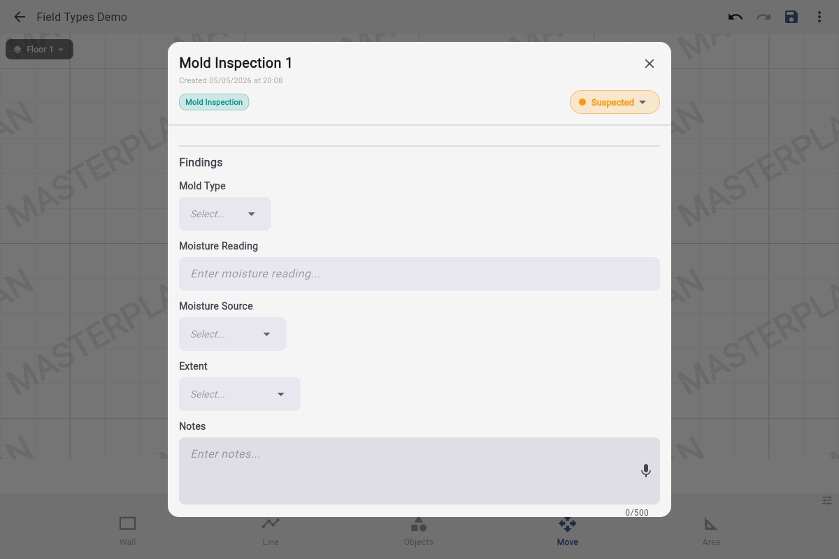 Sample sheet top: title, Suspected status pill, Findings section, Mold Type dropdown, Moisture Reading number, Moisture Source dropdown, Extent dropdown, Notes textarea.