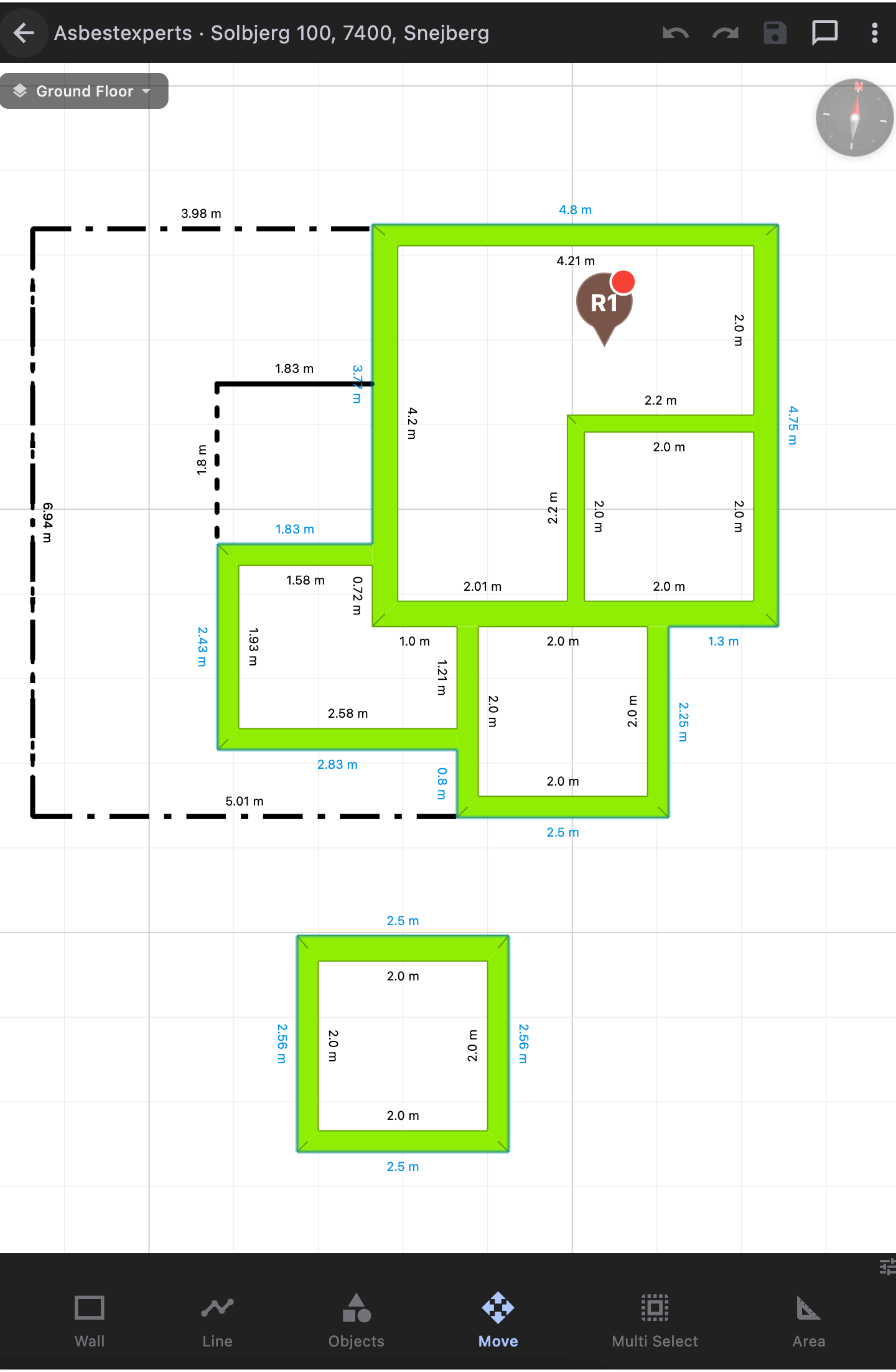Phone view of the floor plan canvas with sample drawing, labelled rooms, and observation pins
