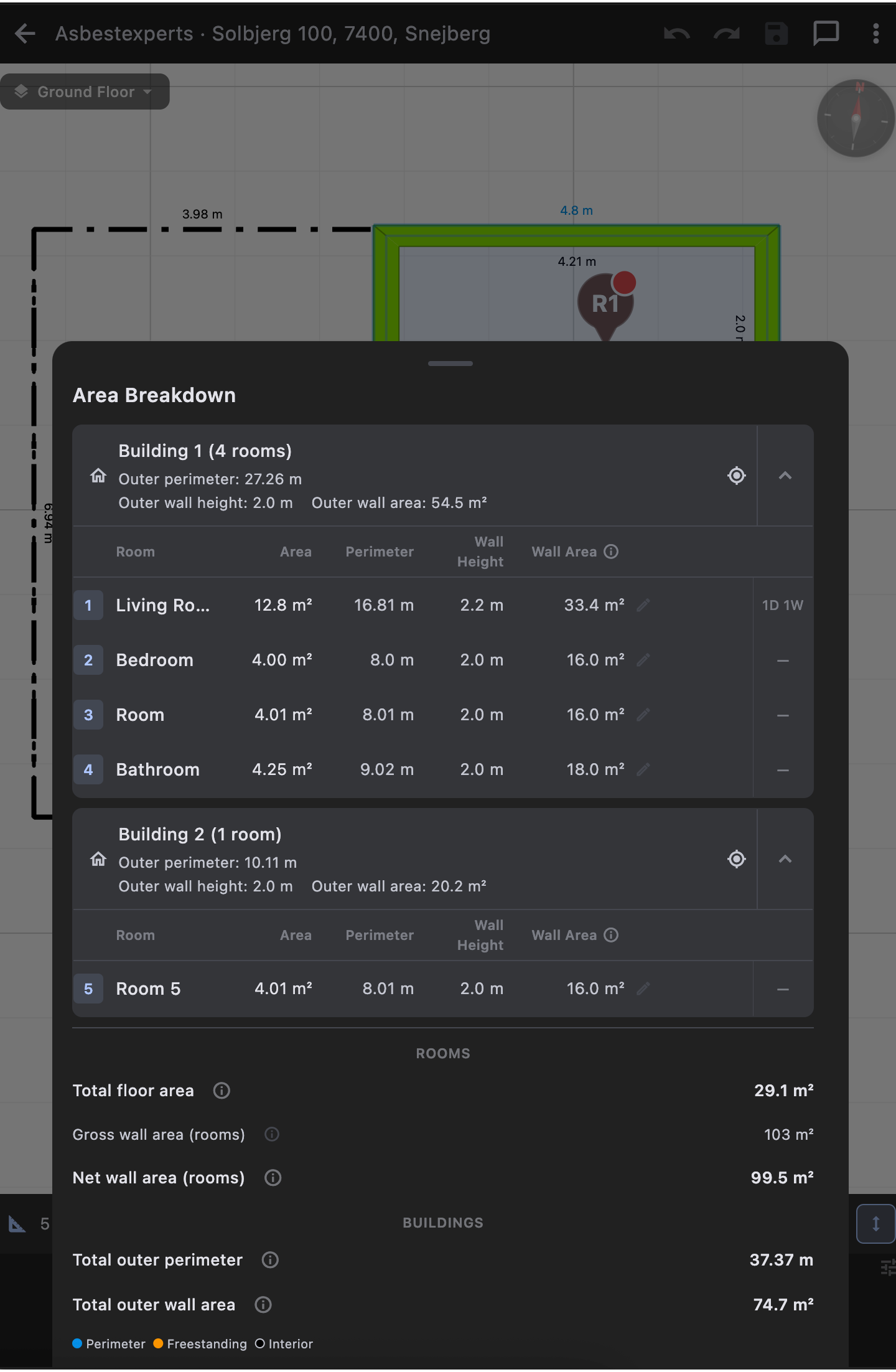 Area breakdown sheet showing room areas, perimeters and wall areas per building