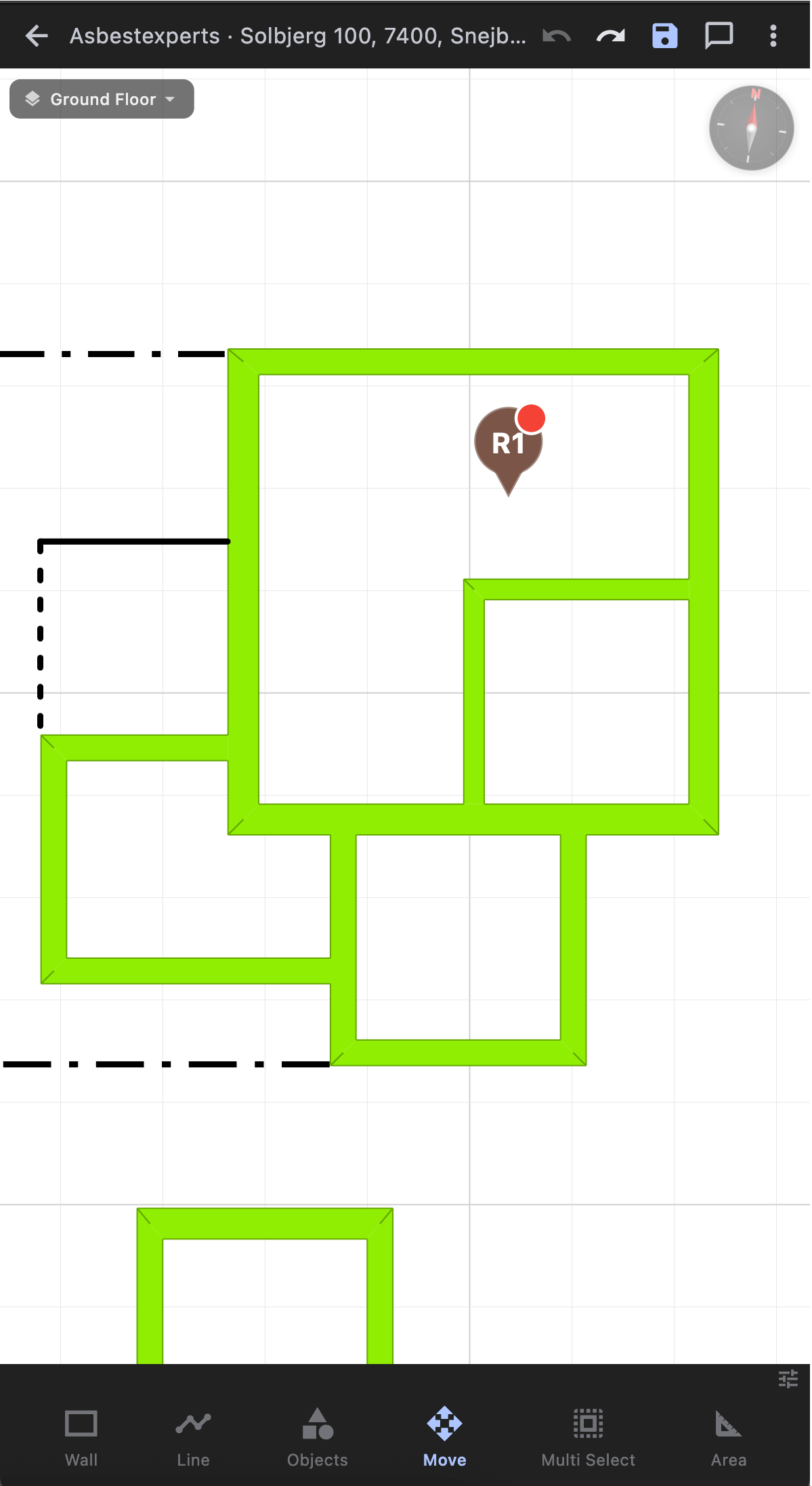 MasterPlan floor plan canvas with rooms, dimensions and observation pins