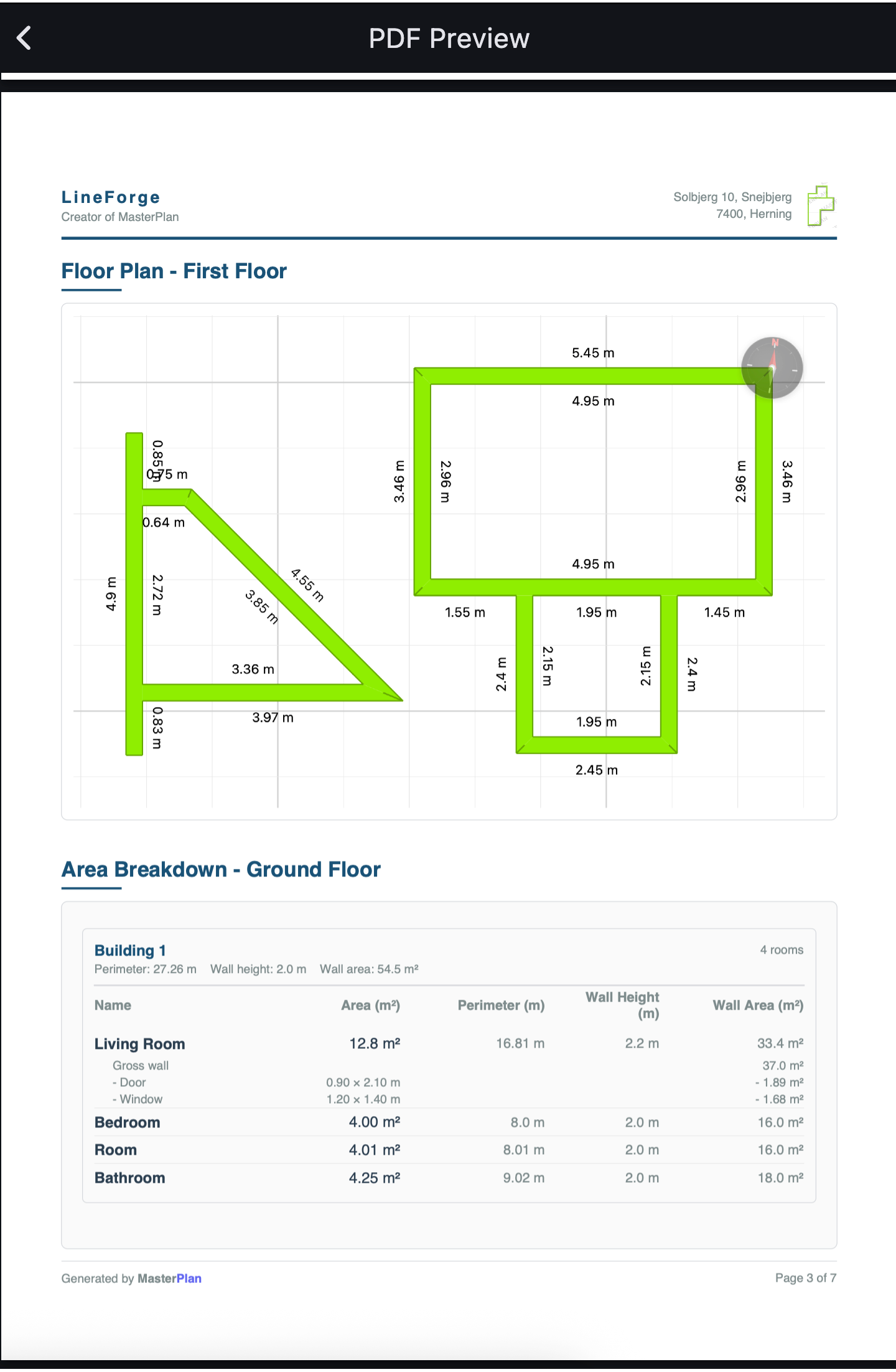 PDF report preview showing the rendered floor plan and area breakdown